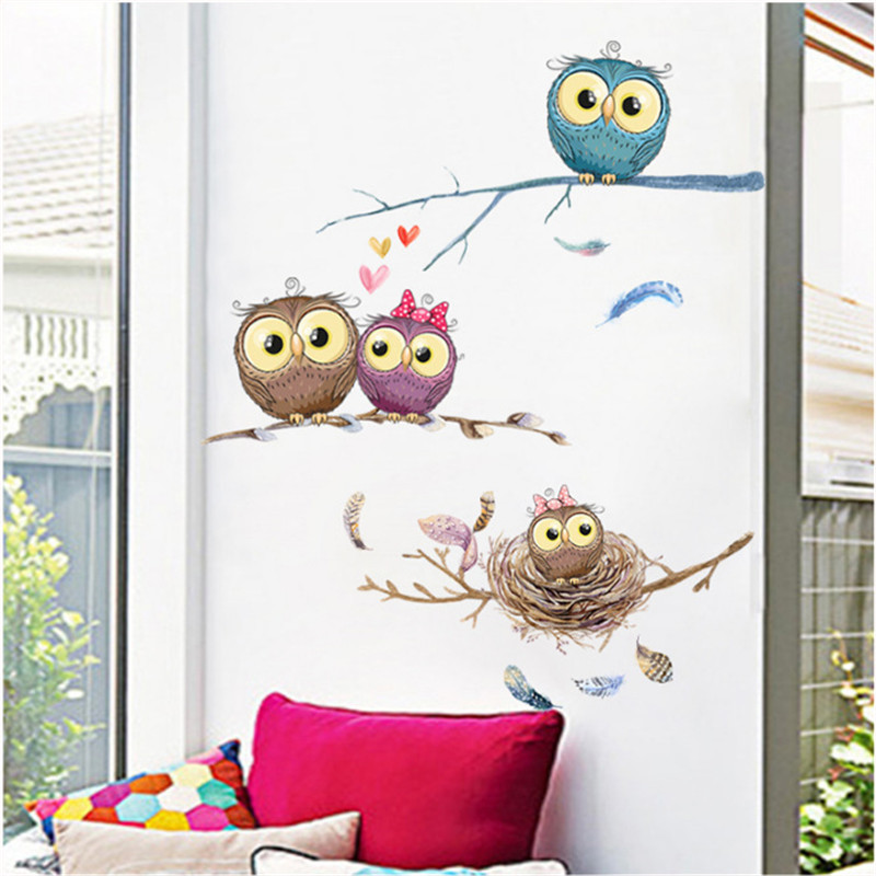 Blue Purple Owl On The Tree Branch Sticker Creative Wall Decal For Kid's Bedroom Fallen Feather Wallpaper Cartoon Wall Mural