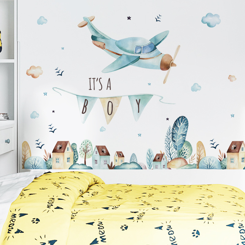 Cartoon Light Blue Airplane Wallpaper Fairy Tale Town Wall Sticker Children's Room Decoration Kindergarten Background Wall Decal