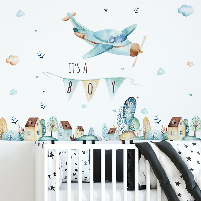 Cartoon Light Blue Airplane Wallpaper Fairy Tale Town Wall Sticker Children's Room Decoration Kindergarten Background Wall Decal