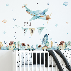 Cartoon Light Blue Airplane Wallpaper Fairy Tale Town Wall Sticker Children's Room Decoration Kindergarten Background Wall Decal