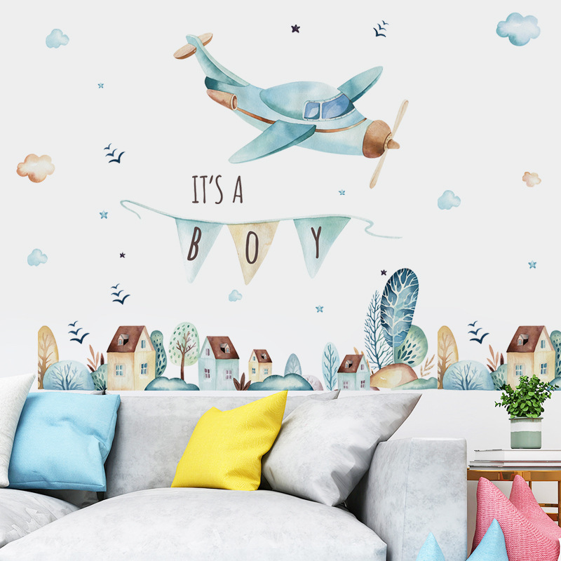 Cartoon Light Blue Airplane Wallpaper Fairy Tale Town Wall Sticker Children's Room Decoration Kindergarten Background Wall Decal