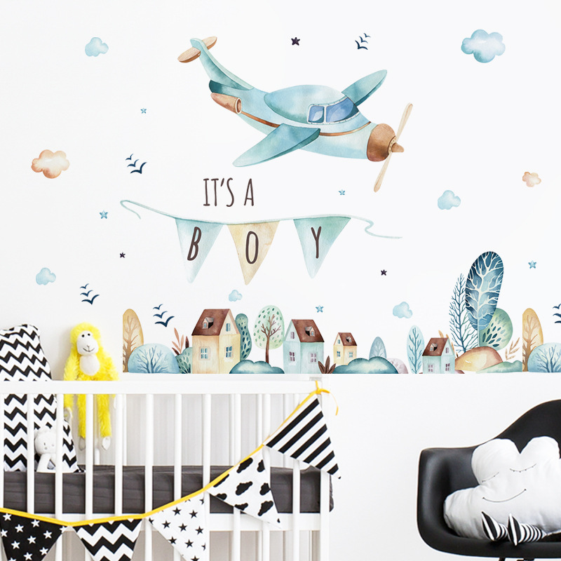 Cartoon Light Blue Airplane Wallpaper Fairy Tale Town Wall Sticker Children's Room Decoration Kindergarten Background Wall Decal