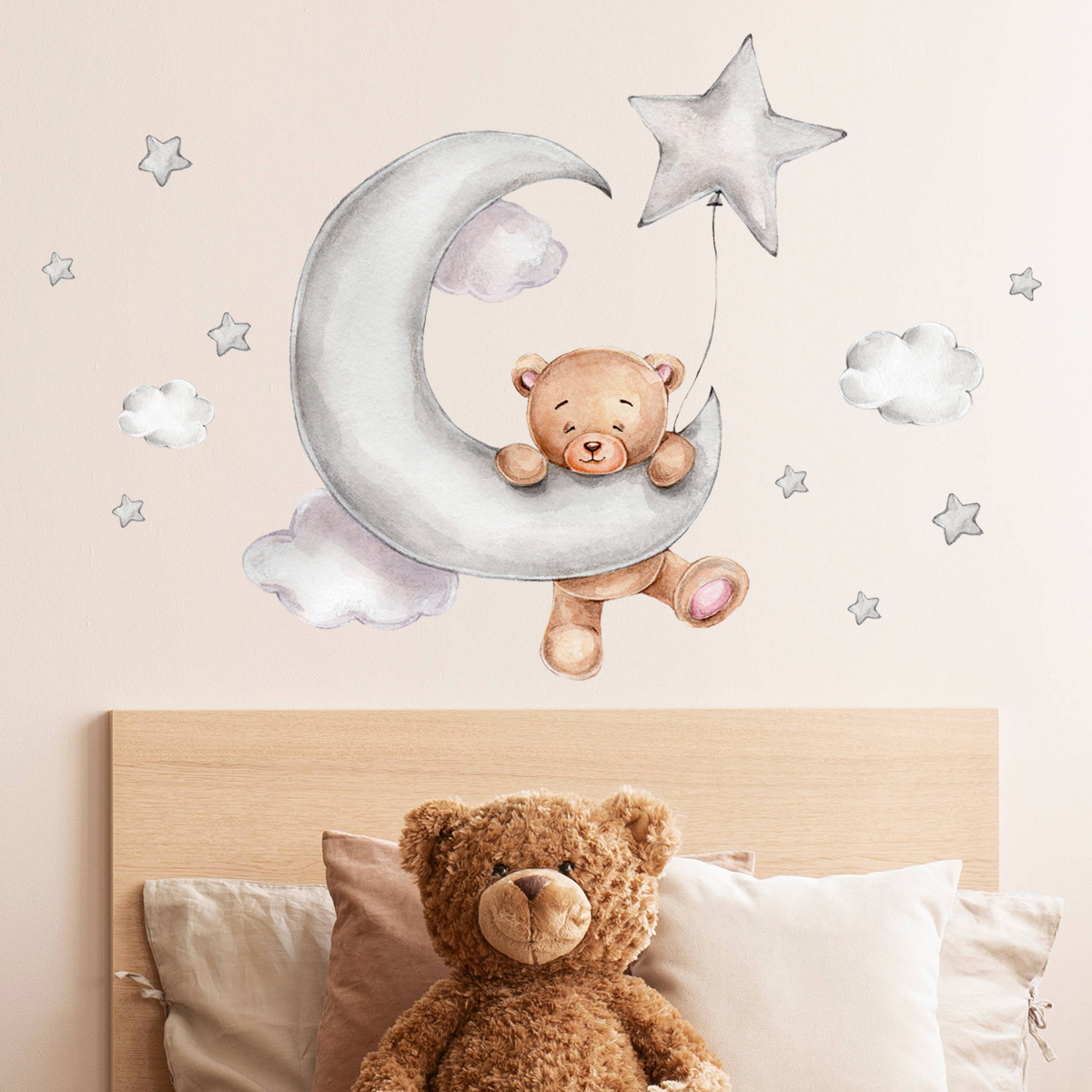 Sleeping Bear On the Moon Wall Decal Cute Stars Clouds Wallpaper For Room Kid's Bedroom Decorative Wall Mural Cartoon Sticker