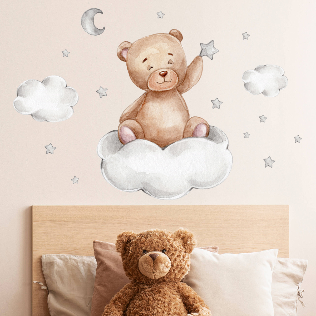 Sleeping Bear On the Moon Wall Decal Cute Stars Clouds Wallpaper For Room Kid's Bedroom Decorative Wall Mural Cartoon Sticker