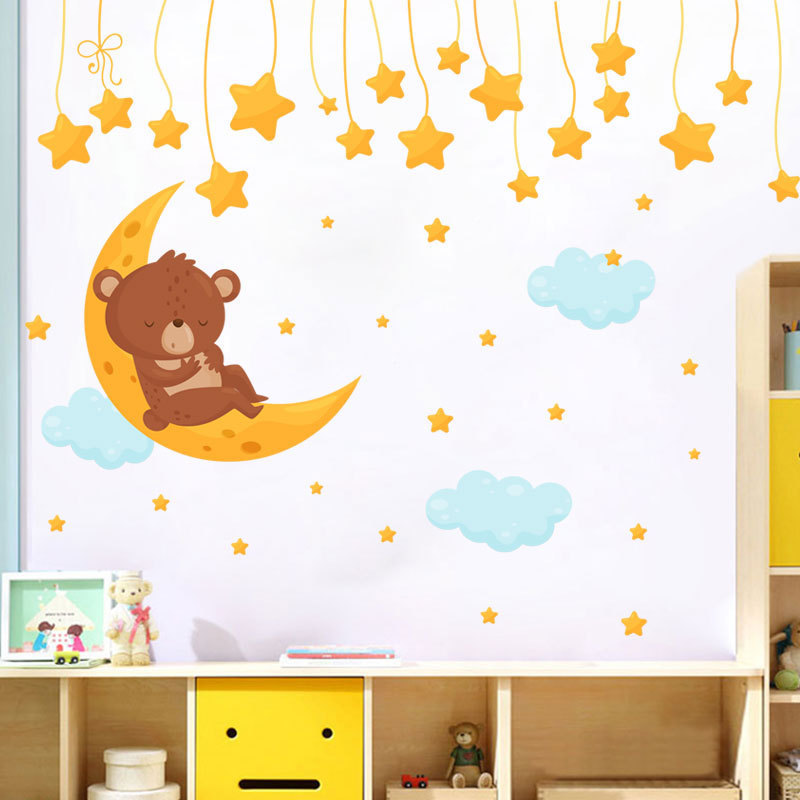 Sleeping Bear On the Moon Wall Decal Cute Stars Clouds Wallpaper For Room Kid's Bedroom Decorative Wall Mural Cartoon Sticker