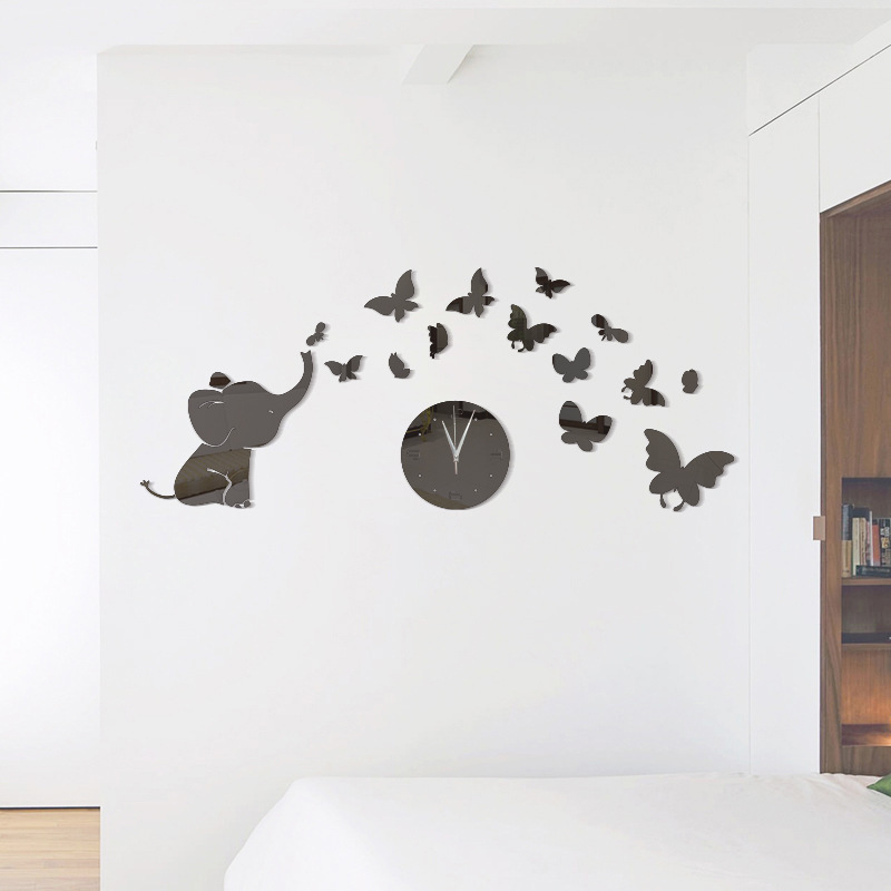 Cartoon Calf Elephant And Butterflies Mirror Clock Wall Sticker Creative Kid's Bedroom Wallpaper Children's Room Wall Decal