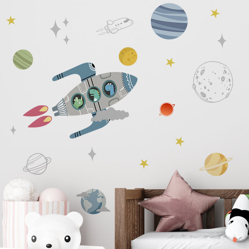 Cartoon Rocket Universe Planet Wallpaper Creative Boy Baby Room Wall Sticker Removable Kid's Living Room Decorative Wall Decal