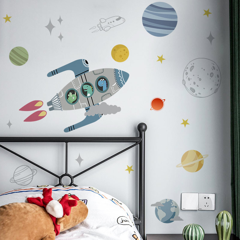 Cartoon Rocket Universe Planet Wallpaper Creative Boy Baby Room Wall Sticker Removable Kid's Living Room Decorative Wall Decal