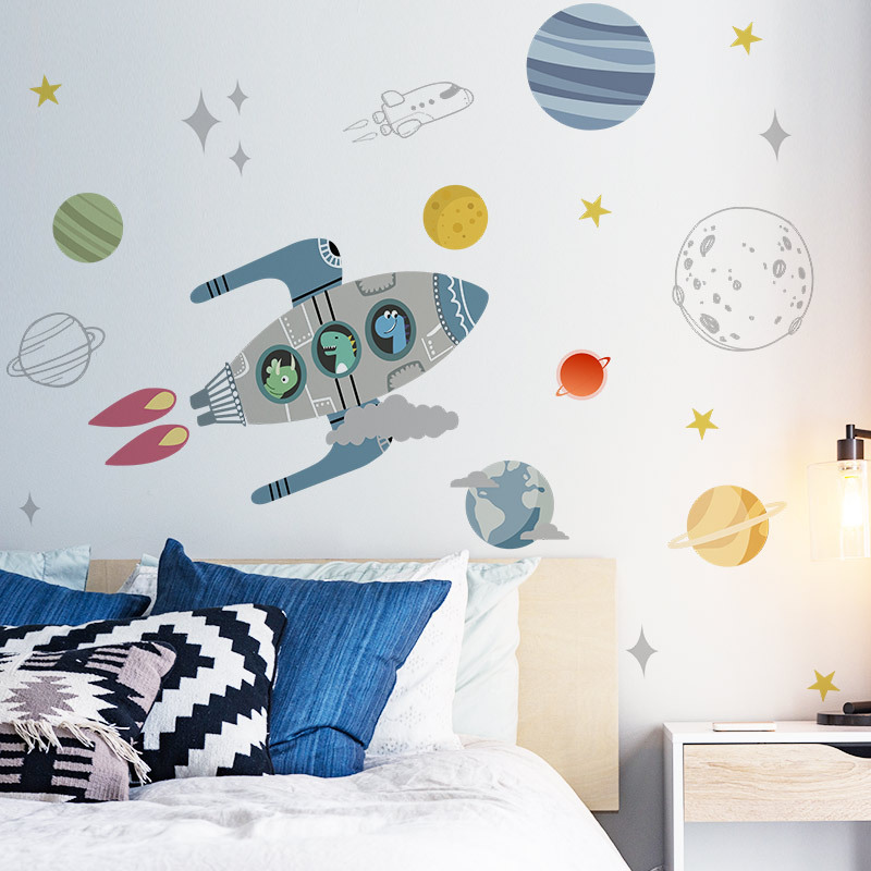 Cartoon Rocket Universe Planet Wallpaper Creative Boy Baby Room Wall Sticker Removable Kid's Living Room Decorative Wall Decal