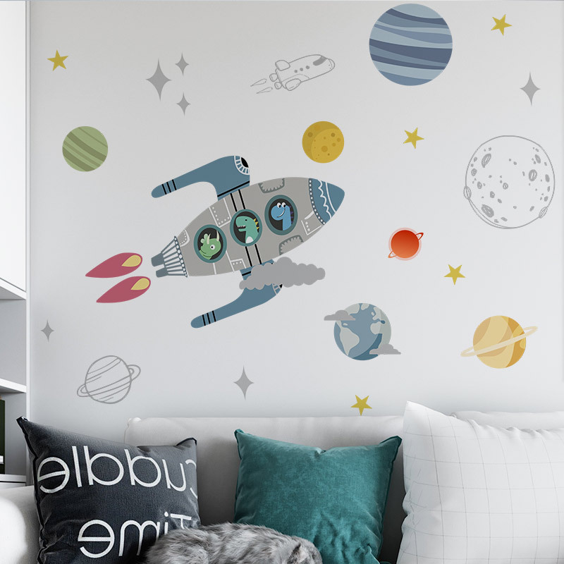 Cartoon Rocket Universe Planet Wallpaper Creative Boy Baby Room Wall Sticker Removable Kid's Living Room Decorative Wall Decal