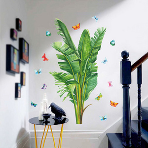 Tropical Plant Wall Stickers Green Big Leaves With Colored Butterflies Wallpaper Self Adhesive Wall Mural Modern Home Decor