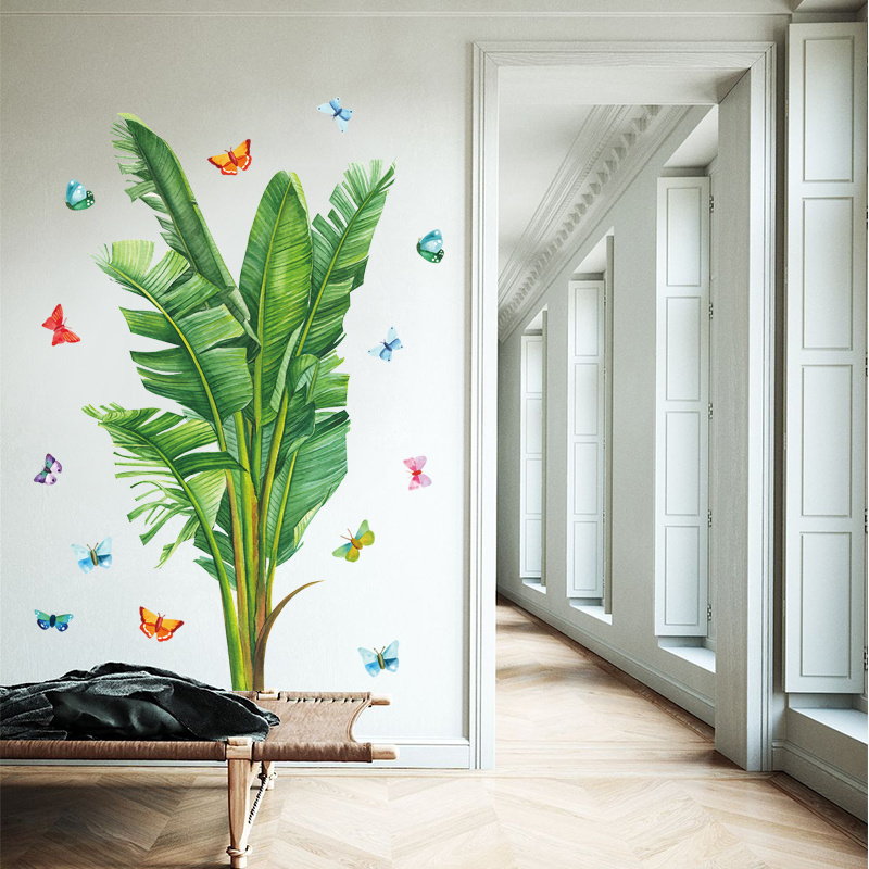 Tropical Plant Wall Stickers Green Big Leaves With Colored Butterflies Wallpaper Self Adhesive Wall Mural Modern Home Decor