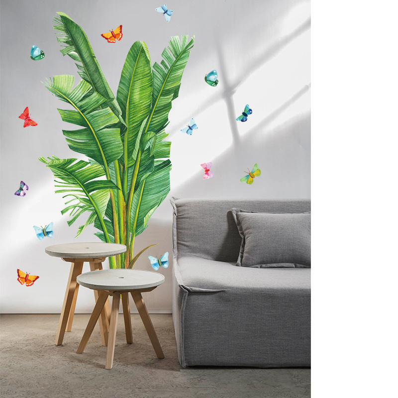 Tropical Plant Wall Stickers Green Big Leaves With Colored Butterflies Wallpaper Self Adhesive Wall Mural Modern Home Decor