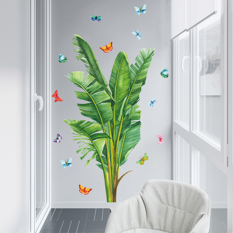 Tropical Plant Wall Stickers Green Big Leaves With Colored Butterflies Wallpaper Self Adhesive Wall Mural Modern Home Decor