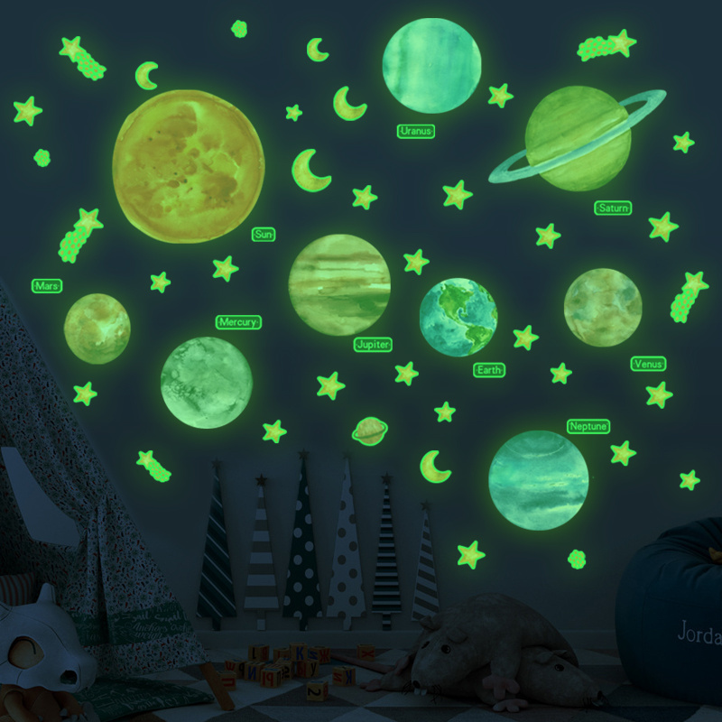 New Design Luminous Planets Wall Stickers For Room Cute Stars Moon Wallpaper Creative Kid's Bedroom Decorative Wall Decals