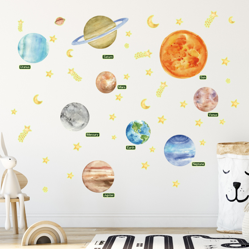 New Design Luminous Planets Wall Stickers For Room Cute Stars Moon Wallpaper Creative Kid's Bedroom Decorative Wall Decals