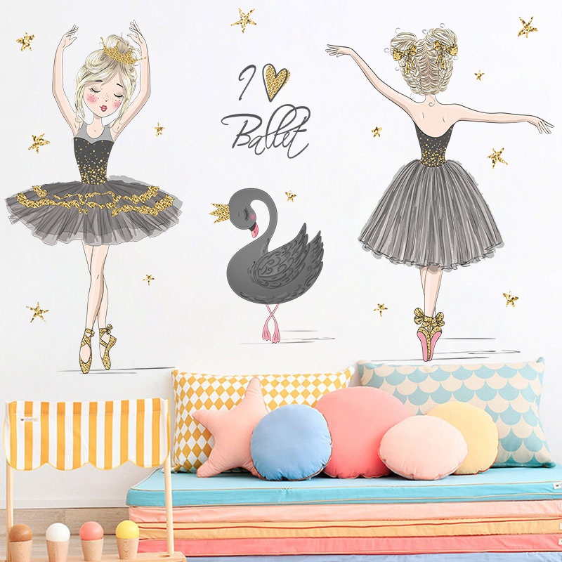 Black Swan Ballerina Wall Sticker Kid's Bedroom Stars Hearts Decorative Wallpaper Self Adhesive Children's Living Room Murals