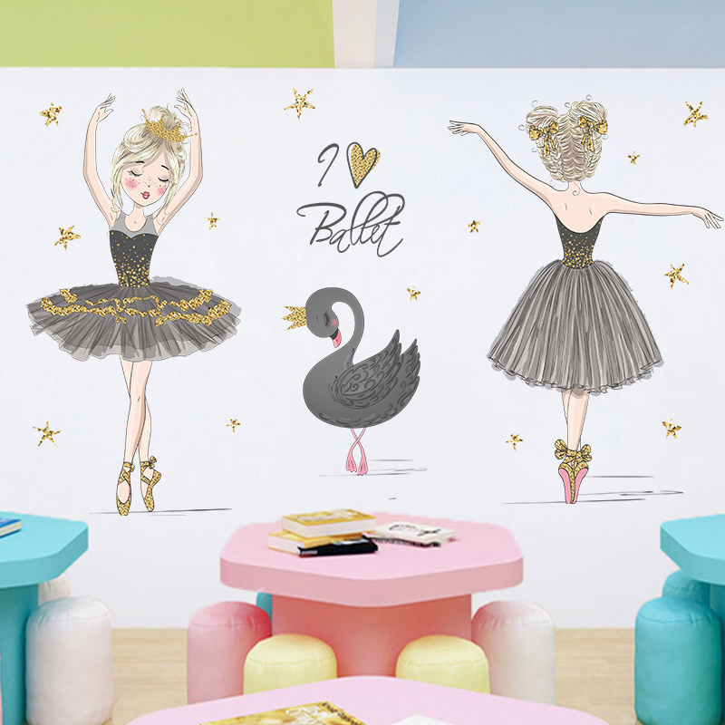 Black Swan Ballerina Wall Sticker Kid's Bedroom Stars Hearts Decorative Wallpaper Self Adhesive Children's Living Room Murals