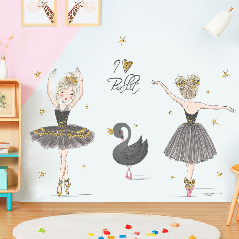 Black Swan Ballerina Wall Sticker Kid's Bedroom Stars Hearts Decorative Wallpaper Self Adhesive Children's Living Room Murals