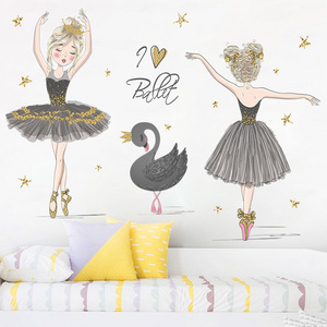 Black Swan Ballerina Wall Sticker Kid's Bedroom Stars Hearts Decorative Wallpaper Self Adhesive Children's Living Room Murals