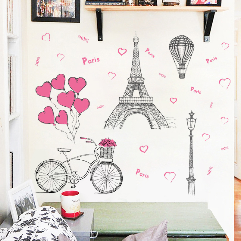 Paris Tower Bicycle Wall Stickers For Bedroom Romantic Red Heart Balloons Wallpaper Self Adhesive TV Background Decorative Decal