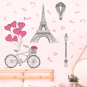 Paris Tower Bicycle Wall Stickers For Bedroom Romantic Red Heart Balloons Wallpaper Self Adhesive TV Background Decorative Decal