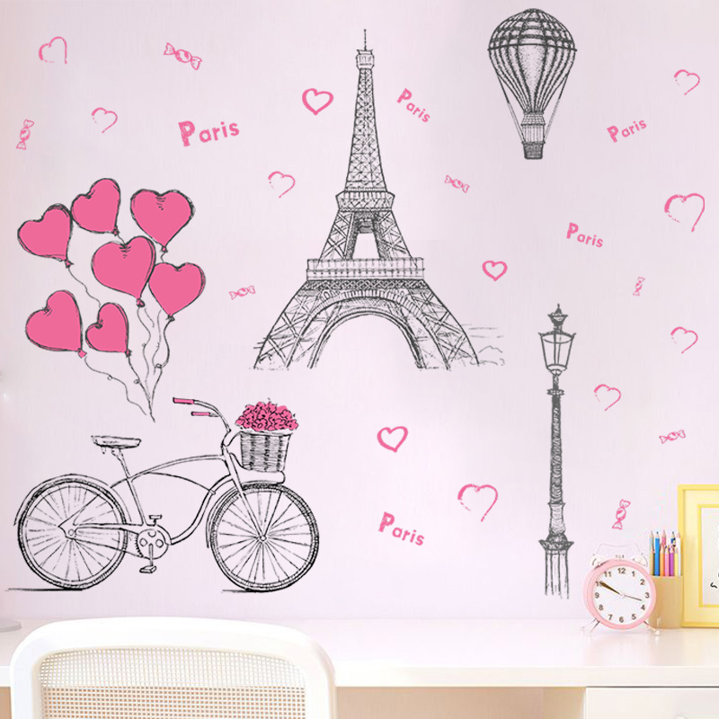 Paris Tower Bicycle Wall Stickers For Bedroom Romantic Red Heart Balloons Wallpaper Self Adhesive TV Background Decorative Decal