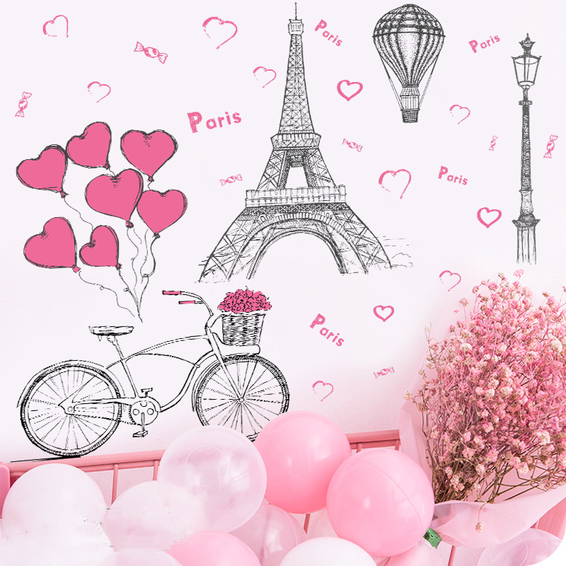 Paris Tower Bicycle Wall Stickers For Bedroom Romantic Red Heart Balloons Wallpaper Self Adhesive TV Background Decorative Decal