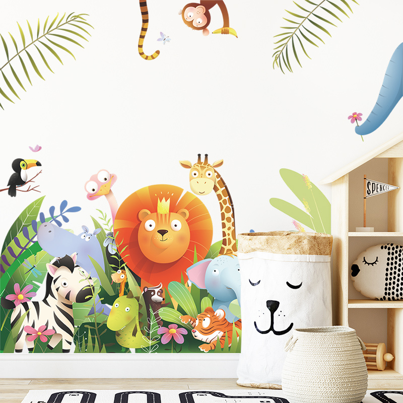 Cartoon Animals Wall Stickers Creative Forest Jungle Wallpaper Kid's Bedroom Decorative Decal Self Adhesive TV Background Mural