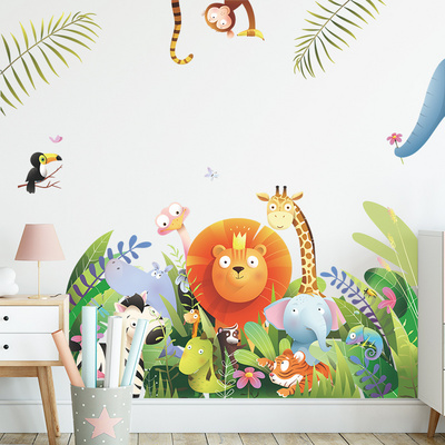 Cartoon Animals Wall Stickers Creative Forest Jungle Wallpaper Kid's Bedroom Decorative Decal Self Adhesive TV Background Mural