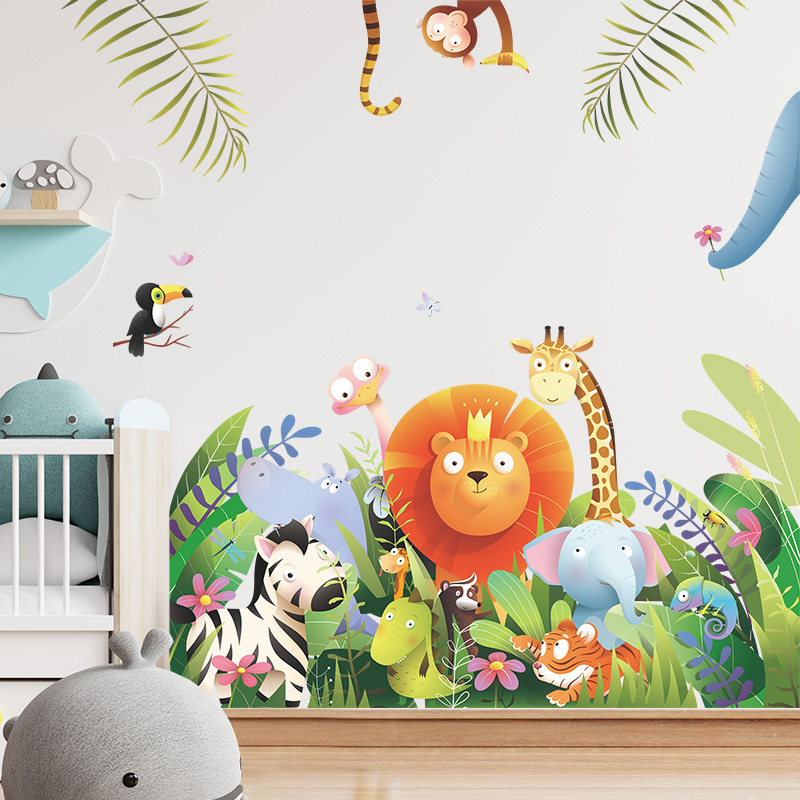 Cartoon Animals Wall Stickers Creative Forest Jungle Wallpaper Kid's Bedroom Decorative Decal Self Adhesive TV Background Mural