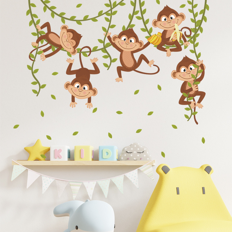 Cartoon Monkey Wall Stickers Creative Forest Jungle Wallpaper Kid's Bedroom Decorative Decal Self Adhesive TV Background Mural