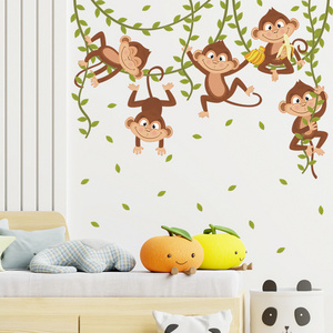 Cartoon Monkey Wall Stickers Creative Forest Jungle Wallpaper Kid's Bedroom Decorative Decal Self Adhesive TV Background Mural