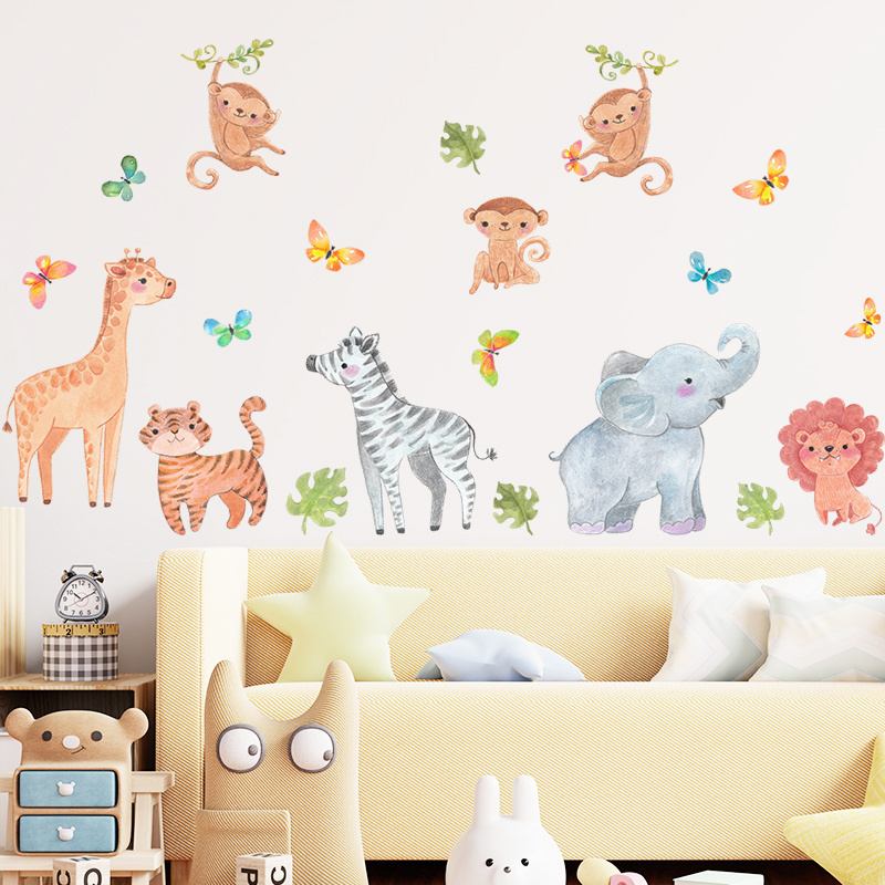 Cartoon Monkey Wall Stickers Creative Forest Jungle Wallpaper Kid's Bedroom Decorative Decal Self Adhesive TV Background Mural