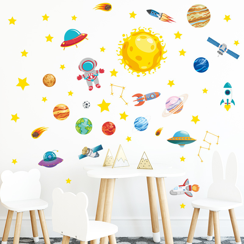 Space Stars Rocket Wall Sticker Creative Children's Wallpaper Self Adhesive Bedroom Decorative Decal Kid's Living Room Mural