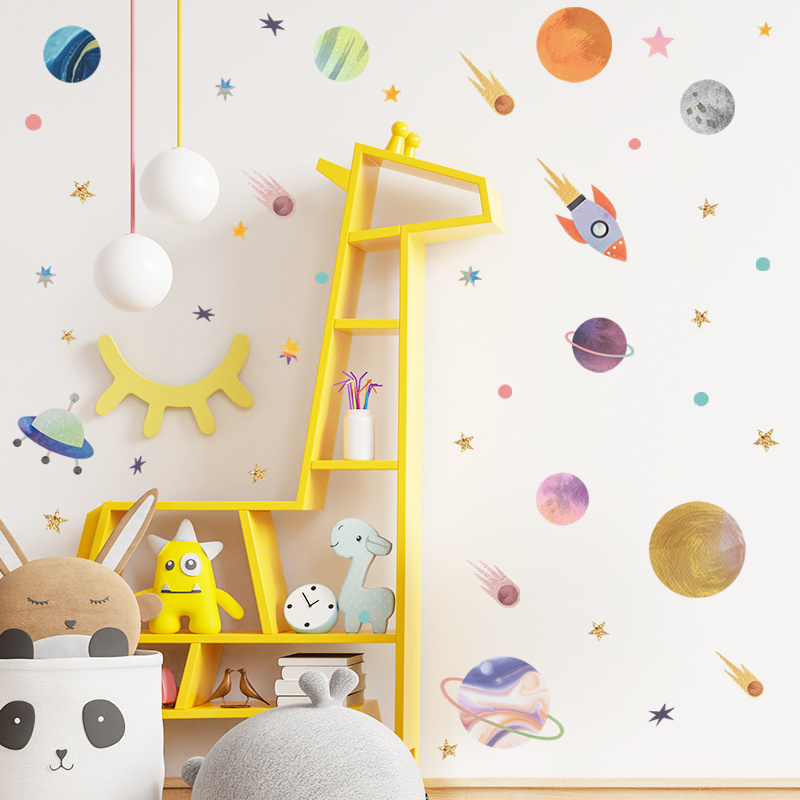 Space Stars Rocket Wall Sticker Creative Children's Wallpaper Self Adhesive Bedroom Decorative Decal Kid's Living Room Mural