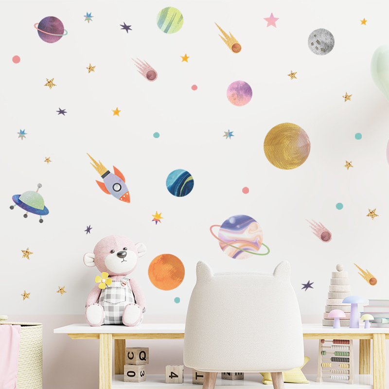 Space Stars Rocket Wall Sticker Creative Children's Wallpaper Self Adhesive Bedroom Decorative Decal Kid's Living Room Mural