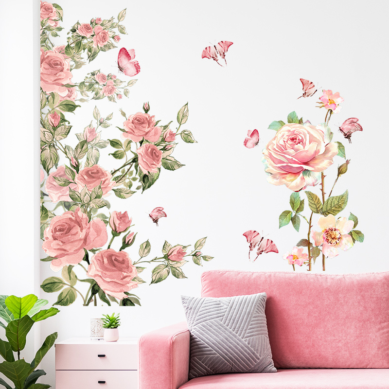 New Design Pink Roses Wall Decal Blooming Flowers Stickers Romantic Bedroom Wallpaper Self Adhesive Living Room Murals