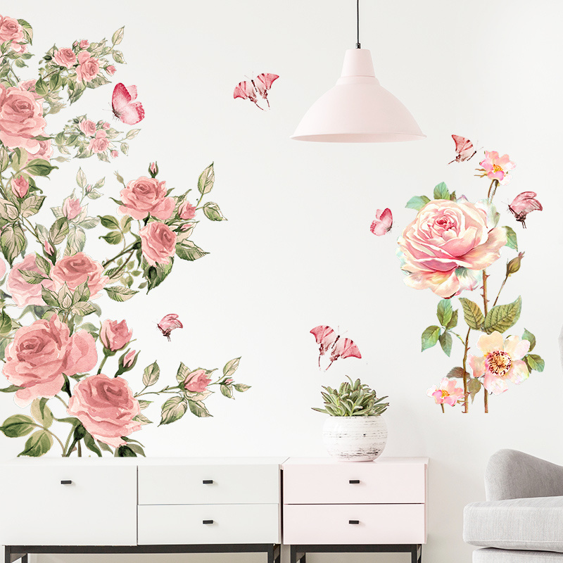 New Design Pink Roses Wall Decal Blooming Flowers Stickers Romantic Bedroom Wallpaper Self Adhesive Living Room Murals