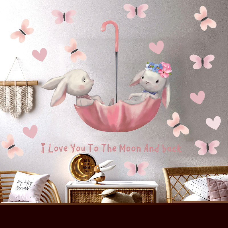 Cartoon Rabbit Wall Stickers Pink Butterflies Umbrella Wallpaper Creative Kid's Bedroom Decorative Mural Cute Home Decor