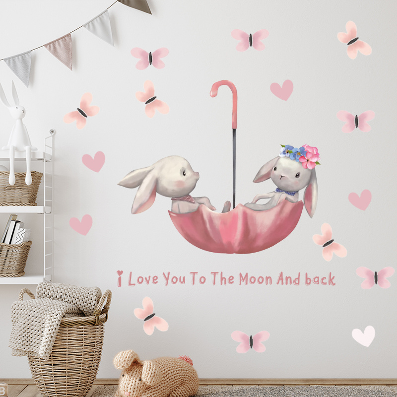 Cartoon Rabbit Wall Stickers Pink Butterflies Umbrella Wallpaper Creative Kid's Bedroom Decorative Mural Cute Home Decor