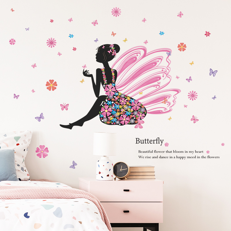 Butterfly Flower Fairy Wall Stickers Creative Decals Self Adhesive Kid's Bedroom Wallpapers Living Room Decorative Murals