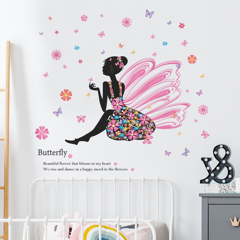 Butterfly Flower Fairy Wall Stickers Creative Decals Self Adhesive Kid's Bedroom Wallpapers Living Room Decorative Murals