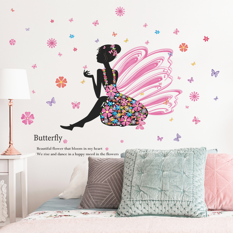 Butterfly Flower Fairy Wall Stickers Creative Decals Self Adhesive Kid's Bedroom Wallpapers Living Room Decorative Murals