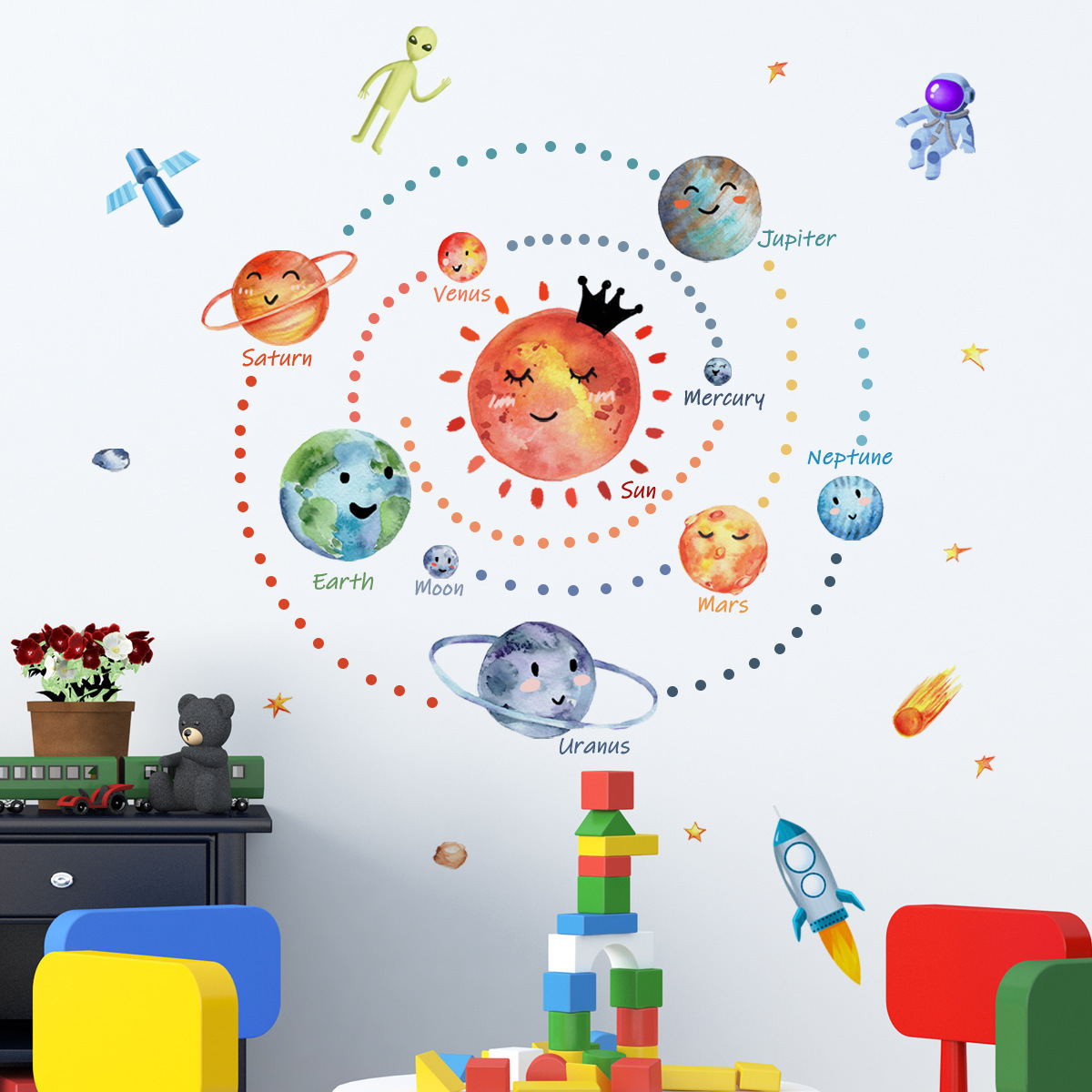 Cartoon Solar System Education Wall Sticker Wallpaper For Living Room Decoration And Promotion