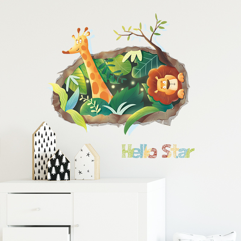 Cartoon Lion Giraffe Wall Sticker Self Adhesive Hello Star Decals Creative Kid's Living Room Decorative Wallpaper