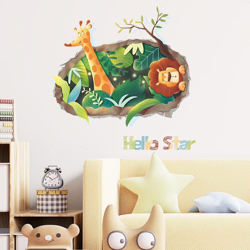 Cartoon Lion Giraffe Wall Sticker Self Adhesive Hello Star Decals Creative Kid's Living Room Decorative Wallpaper