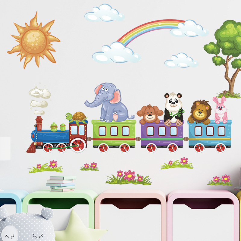 Cartoon panda elephant train wall stickers Sun Rainbow children's room bedroom kindergarten decoration stickers