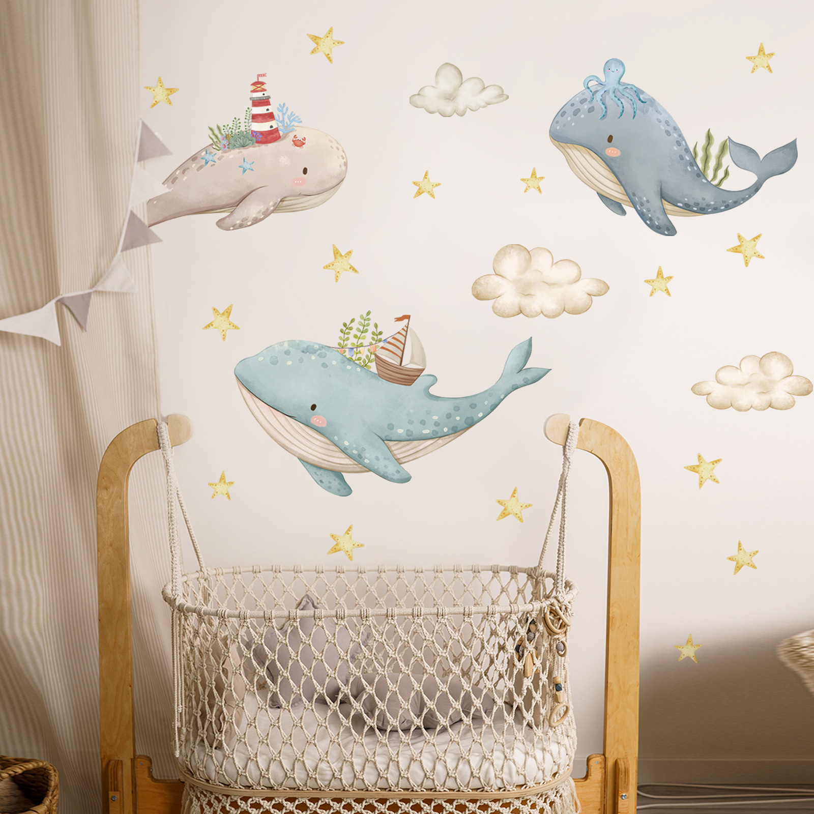 Cartoon whale animal stickers, stars, clouds, children's bedroom wall decoration stickers, self-adhesive wallpapers