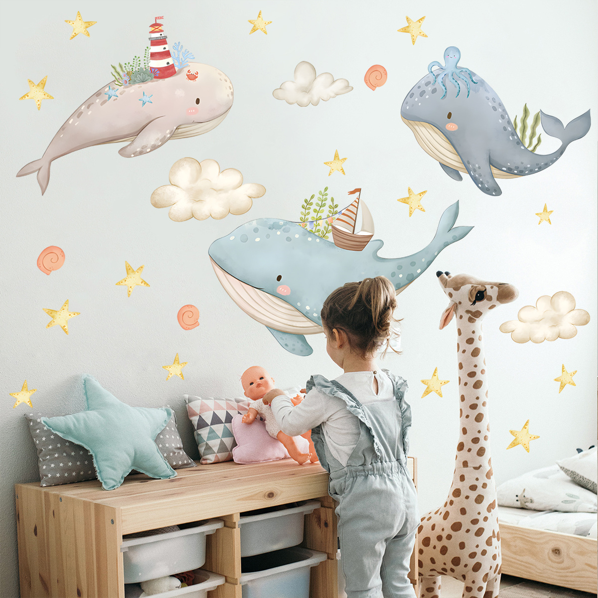 Cartoon whale animal stickers, stars, clouds, children's bedroom wall decoration stickers, self-adhesive wallpapers